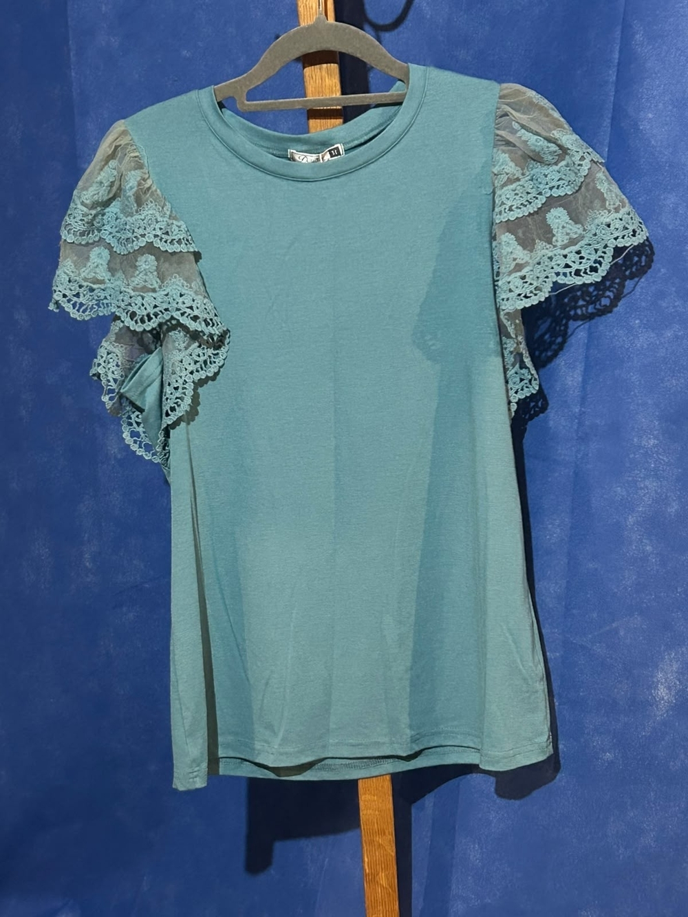 Lace Flutter Sleeve Short Sleeve Top - Teal Blue